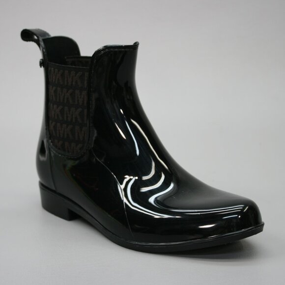 Michael Kors Ladies 8 Chelsea Charm Black PVC Brown Logo Rain Ankle Boots JH21G - Picture 1 of 12